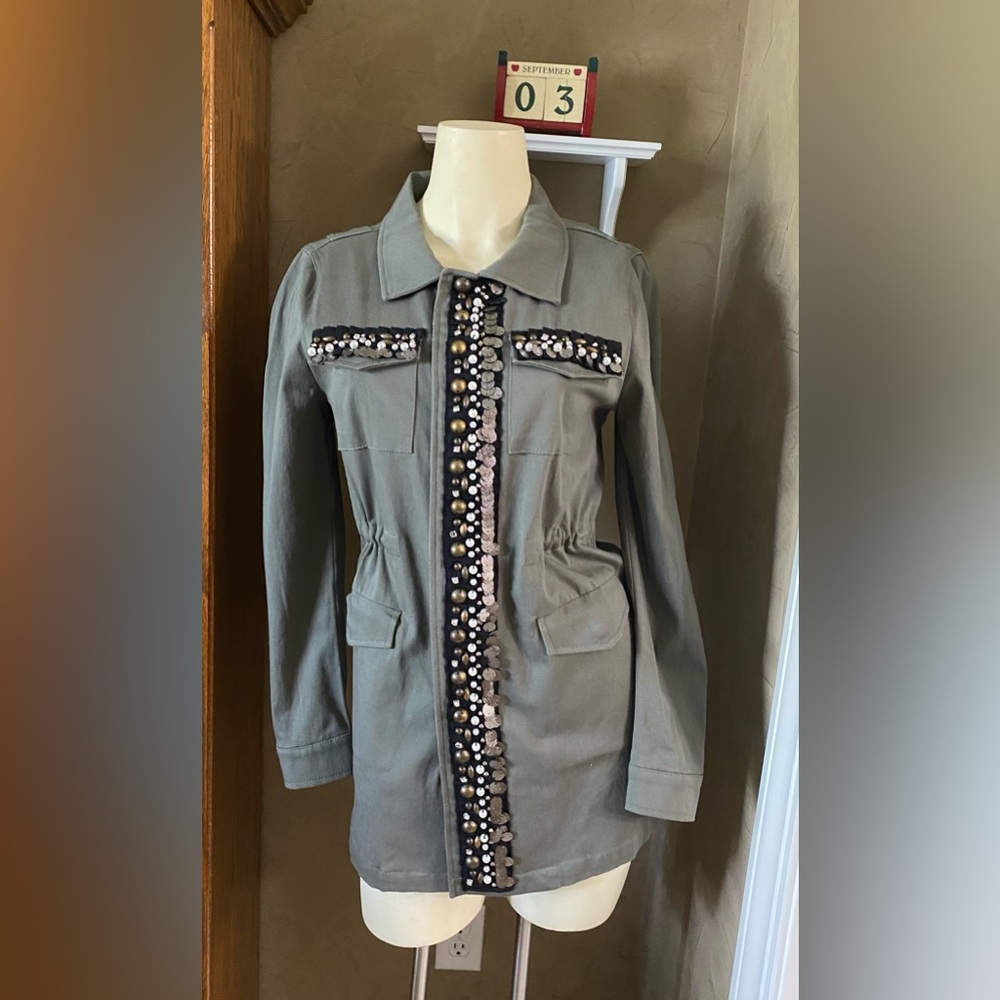 Sweet Rain Women’s Jacket Military Style Olive Green Embellished trim Size S